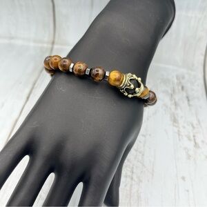 Tigers Eye and Obsidian Stone Bead Antique Crown Bracelet